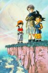  1girl 2boys absurdres belt black_belt black_gloves black_hair brown_gloves child dragon_ball dragon_ball_gt fantasy fingerless_gloves gloves highres multiple_boys official_art pan_(dragon_ball) scenery shorts smile son_goku trunks_(dragon_ball) 