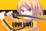  ayasaka ayase_eli blonde_hair blue_eyes bruce_lee's_jumpsuit copyright_name covered_mouth furrowed_eyebrows katana kill_bill long_sleeves looking_at_viewer love_live! love_live!_school_idol_project movie_poster parody ponytail scrunchie solo sword upper_body weapon 