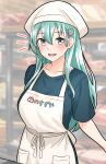  1girl alternate_costume apron aqua_eyes aqua_hair bandana blurry blurry_background blush bread breasts food furaggu_(frag_0416) green_shirt hair_ornament hairclip highres indoors kantai_collection large_breasts long_hair looking_at_viewer meat open_mouth refrigerator shirt short_sleeves smile solo supermarket suzuya_(kancolle) upper_body 