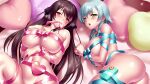  2girls ao_no_kanata_no_four_rhythm aqua_hair aqua_ribbon arm_under_breasts aroused ass bare_shoulders black_hair black_ribbon blush bound bound_wrists box braid breasts breasts_squeezed_together breath cleavage clenched_hands closed_mouth collarbone commentary_request commission curvy eyelashes green_eyes hair_between_eyes hair_ribbon hair_spread_out half-closed_eyes hand_on_own_chest head_tilt heart heart-shaped_box heart-shaped_pillow highres inui_saki knee_up large_breasts long_hair looking_at_viewer low_twin_braids lying mouth_hold multiple_girls naked_ribbon navel on_back on_bed on_side open_mouth out-of-frame_censoring pillow pink_ribbon red_eyes ribbon ribbon_in_mouth second-party_source shiny_skin side-by-side sidelocks skeb_commission skindentation tobisawa_misaki twin_braids valentine very_long_hair zen_(kamuro) 