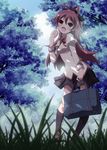  bag blurry depth_of_field food izumi_bell long_hair mahou_shoujo_madoka_magica ponytail red_eyes red_hair sakura_kyouko school_uniform smile solo 