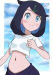  1girl aqua_eyes black_hair blush border clenched_hand closed_mouth colored_inner_hair commentary_request cowlick cropped_shirt eyelashes hainchu hair_ornament hairclip highres liko_(pokemon) looking_to_the_side multicolored_hair navel outside_border pokemon pokemon_(anime) pokemon_horizons shirt short_sleeves skirt smile solo white_border white_shirt 