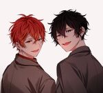  2boys absurdres black_eyes black_hair coat collared_coat ear_piercing given gradient_hair hair_between_eyes highres looking_at_viewer male_focus messy_hair multicolored_hair multiple_boys murata_ugetsu open_mouth orange_eyes orange_hair piercing pinoli_(pinoli66) portrait red_hair satou_mafuyu short_hair teeth tongue white_background 