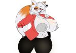 accessory anthro arctic_fox big_breasts breasts canid canine eyeshadow eyewear female fox fox_spirit hair_accessory hairpin hi_res huge_breasts huge_thighs jacket_on_shoulders makeup mammal olliescharm presenting presenting_breasts solo sunglasses thick_thighs true_fox vixen_(yomi_hustle)