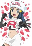  1girl :d beanie black_gloves black_hair boots clenched_hand commentary_request cosplay cropped_jacket dawn_(pokemon) elbow_gloves eyelashes gloves grey_eyes hainchu hair_ornament hairclip hat highres jacket jessie_(pokemon) jessie_(pokemon)_(cosplay) logo long_hair open_mouth outstretched_arm pokemon pokemon_(anime) pokemon_journeys shirt sidelocks skirt smile solo spread_fingers team_rocket team_rocket_uniform thigh_boots tongue white_background white_headwear white_jacket white_skirt 