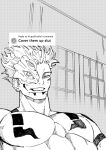  1boy absurdres chest_tattoo cover_them_up_slut_(meme) cpasdryna dialogue_box extra_eyes greyscale highres jujutsu_kaisen large_pectorals looking_at_viewer male_focus meme monochrome muscular muscular_male nude pectorals ryoumen_sukuna_(jujutsu_kaisen)_(true_form) solo tattoo thick_eyebrows upper_body 