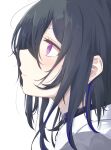  1girl amaner black_hair blue_hair closed_mouth earrings hair_between_eyes highres ichinose_uruha jewelry long_hair looking_to_the_side looking_up multicolored_hair purple_eyes shirt simple_background solo streaked_hair virtual_youtuber vspo! white_background white_shirt 