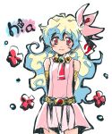  +_+ 1girl armlet arms_behind_back bare_shoulders blonde_hair blue_eyes blue_hair character_name closed_mouth dress flower long_hair looking_at_viewer multicolored_hair nia_teppelin pink_dress sleeveless sleeveless_dress smile solo suika_soda symbol-shaped_pupils tengen_toppa_gurren_lagann two-tone_hair white_background 