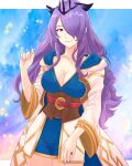  1girl absurdres alternate_costume belt breasts camilla_(fire_emblem) cleavage coat cosplay fire_emblem fire_emblem_fates fire_emblem_heroes hair_over_one_eye highres jewelry kiran_(fire_emblem) kiran_(fire_emblem)_(cosplay) large_breasts long_hair looking_at_viewer nail_polish purple_eyes purple_hair purple_nails red_belt ring smile solo truejekart wavy_hair white_coat 
