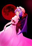  1girl ascot bat_wings blue_hair dress full_moon hat highres looking_at_viewer medium_hair mob_cap moon red_ascot red_eyes red_moon remilia_scarlet shee_take solo touhou white_dress wings 