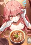  1girl aru_(blue_archive) aru_(dress)_(blue_archive) blue_archive bowl breasts chopsticks cleavage closed_mouth commentary_request earrings eating egg_(food) food from_above glass gloves highres holding holding_chopsticks horns ice ice_cube jewelry kabu_(niniko2ko) long_hair looking_at_viewer medium_breasts noodles pink_hair pork ramen red_eyes slurping smile softboiled_egg solo soup steam upper_body water white_gloves 