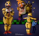 absurd_res animatronic anthro avian bird chicken duo e4hargus female five_nights_at_freddy&#039;s five_nights_at_freddy&#039;s_2 galliform gallus_(genus) hi_res human jeremy_fitzgerald machine male mammal phasianid purple_eyes robot scottgames t-pose wire withered_chica_(fnaf) yellow_body