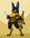 2024 3_toes 5_fingers anthro anubis_(pal) barefoot big_breasts blue_eyes bottomwear breasts brown_body brown_fur clothing digitigrade dipstick_tail egyptian feet female fingers fluffy fluffy_tail fur hi_res markings pal_(species) palworld pants pocketpair sandwich-anomaly solo standing tail tail_markings toes topwear under_boob yellow_clothing yellow_topwear