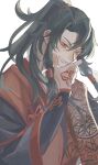  1boy absurdres black_hair chinese_clothes command_spell fate/samurai_remnant fate_(series) hair_tie hanfu highres long_hair looking_at_viewer male_focus ponytail roll_(rollcake0110) simple_background smile solo upper_body white_background zheng_chenggong_(fate) 