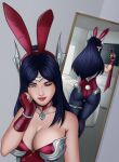  1girl absurdres animal_ears ass blue_eyes breasts highres hoplitearts huge_ass irelia large_breasts league_of_legends mirror playboy_bunny ponytail rabbit_ears rabbit_tail selfie tail wide_hips 