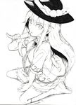  absurdres blouse boots eating food fruit hat highres hinanawi_tenshi knee_boots long_hair monochrome neck_ribbon neropaso peach pinky_out popsicle ribbon seiza short_sleeves simple_background sitting sketch solo touhou very_long_hair white_background 