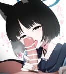  1boy 1girl bar_censor black_eyes black_hair black_sailor_collar blue_archive blue_halo blush censored collarbone fellatio fingernails halo heart hetero highres kikyou_(blue_archive) kunugi_miyaco licking licking_penis male_pubic_hair mosaic_censoring open_mouth oral penis pubic_hair sailor_collar short_hair tongue tongue_out 