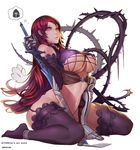  armor artist_name borrowed_character breasts covered_nipples gauntlets gtunver helmet highres lace lace-trimmed_thighhighs large_breasts legs lips long_hair navel original red_hair sitting solo sword thighhighs thighs thorns underboob wariza weapon yellow_eyes 