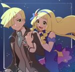  1boy 1girl :d ahoge bare_shoulders blonde_hair blue_dress blue_hairband blush braid brother_and_sister closed_mouth coat collared_shirt commentary_request dress elbow_gloves eyelashes floating_hair gladion_(pokemon) gladion_(sygna_suit)_(pokemon) gloves green_eyes grey_vest hair_over_one_eye hairband hand_on_another&#039;s_shoulder hand_up lillie_(anniversary_2021)_(pokemon) lillie_(pokemon) long_hair necktie official_alternate_costume open_clothes open_coat open_mouth pokemon pokemon_masters_ex shirt short_hair siblings smile twin_braids vest white_gloves yu062424 