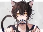  1boy animal_ears black_hair cat_boy cat_day cat_ears cat_tail collar fang fang_out fish fish_in_mouth highres ichimishiyu long_hair looking_at_viewer male_focus mouth_hold nail_polish original paw_pose skin_fang smile solo tail yellow_eyes 