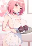  1girl absurdres apron black_choker blush breasts choker cleavage closed_mouth collarbone commentary_request cupcake food fruit hair_ornament hairclip heart highres holding holding_tray indoors large_breasts looking_at_viewer mole mole_under_eye mole_under_mouth naked_apron original picture_frame pink_eyes pink_hair raspberry sakamata_(sakamata4) short_hair solo standing table tray white_apron 