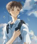  1boy absurdres backpack bag blue_sky brown_eyes brown_hair cassette_player closed_mouth cloud collarbone collared_shirt earbuds earphones expressionless highres ikari_shinji listening_to_music male_focus neon_genesis_evangelion shirt short_hair sky solo white_shirt zuuin 