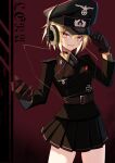  1girl absurdres adjusting_clothes adjusting_headwear belt blonde_hair brown_gloves cross epaulettes gloves hat headphones highres iron_cross jiseki_rena looking_at_viewer military_uniform nazi necktie original parted_lips peaked_cap red_eyes reichsadler rena_(jiseki_rena) short_hair skirt solo throat_microphone totenkopf tsurime uniform 