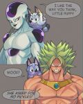  absurdres alien bald blue_fur bluey broly_(dragon_ball_z) clenched_teeth crossover dog dragon_ball dragon_ball_z english_text excuse_me_he_asked_for_no_pickles_(meme) fabarts frieza grey_background highres legendary_super_saiyan meme muscular saiyan scar speech_bubble spiked_hair super_saiyan teeth topless_male two-tone_fur 