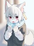  1boy animal_ears animal_hands bandaid bandaid_on_cheek bandaid_on_face blurry blurry_background blush breath breathing_on_hands buttons coat cold ear_tag fang furry furry_male grey_hair hetakitsune highres male_focus notched_ear open_mouth original otoko_no_ko purple_eyes skin_fang solo tail wolf_boy wolf_ears wolf_tail 