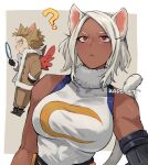  1boy 1girl :&lt; ? animal_ears bare_shoulders black_footwear black_gloves blonde_hair boku_no_hero_academia border breasts brown_jacket brown_pants cat_ears cat_girl cat_tail covered_collarbone crescent_print dark-skinned_female dark_skin fur_collar gloves hand_in_pocket hawks_(boku_no_hero_academia) holding holding_mirror jacket kadeart large_breasts leotard long_eyelashes looking_at_mirror mechanical_arms mirko mirror pants parted_bangs red_eyes red_wings short_hair single_mechanical_arm sleeveless_turtleneck_leotard solo_focus spiked_hair tail taut_leotard toned triangle_mouth upper_body white_border white_hair white_leotard wings 