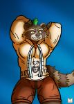 anthro bottomwear clothed clothing digital_media_(artwork) ear_piercing epic_games fortnite hi_res male mammal piercing procyonid raccoon red_panda_mirr rufus_(fortnite) shorts simple_background smile solo solo_focus tail