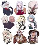  6+girls ace_attorney ashe_(league_of_legends) black_horns blonde_hair blood blue_hair bow cape capelet carmilla_(castlevania) castlevania_(netflix) castlevania_(series) character_request colored_skin copyright_request demon_horns drag-on_dragoon drag-on_dragoon_3 dress elf fingernails fiona_frost flower flower_over_eye franziska_von_karma glasses gloves hair_bow hairband hat helltaker high_elf_(warcraft) highres hood horns long_eyebrows long_hair looking_at_viewer lunar_tear multiple_girls one_(drag-on_dragoon) overwatch pandemonica_(helltaker) pointy_ears porqueloin red_eyes red_lips roman_numeral short_hair spy_x_family sylvanas_windrunner vampire warcraft white_background white_cape white_capelet white_hair world_of_warcraft zero_(drag-on_dragoon) 