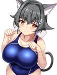  1girl animal_ears black_hair blue_one-piece_swimsuit blush breasts cat_day cat_ears cat_tail competition_swimsuit covered_navel extra_ears hair_between_eyes hair_flaps hair_ornament hairclip highres impossible_clothes impossible_swimsuit jingei_(kancolle) kantai_collection large_breasts long_hair looking_at_viewer low_ponytail montemasa one-piece_swimsuit red_eyes simple_background smile solo swimsuit tail two-tone_swimsuit upper_body white_background 