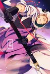  beads black_gloves gloves grin hood iwatooshi kesa male_focus naginata nishi_juuji o-ring pink_hair polearm red_eyes sharp_teeth smile solo teeth touken_ranbu weapon 