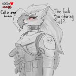 anthro armor blush bodily_fluids canid canid_demon canine collar demon elzzombie eyebrow_piercing facial_piercing female hair helldivers hellhound helluva_boss loona_(helluva_boss) mammal mythological_canine mythological_creature mythology piercing red_sclera solo spiked_collar spikes sweat sweatdrop