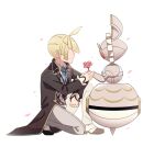  1boy ahoge blonde_hair coat collared_shirt commentary_request falling_petals flower from_side gladion_(pokemon) gladion_(sygna_suit)_(pokemon) grey_vest highres holding holding_flower magearna male_focus mocacoffee_1001 necktie official_alternate_costume on_one_knee open_clothes open_coat pants petals pink_flower pokemon pokemon_(creature) pokemon_masters_ex shirt shoes short_hair vest white_background 
