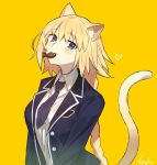  1girl animal_ears black_jacket black_necktie blazer blonde_hair blue_eyes braid braided_ponytail cat_ears cat_girl cat_tail collared_shirt commentary_request fate/apocrypha fate_(series) food_in_mouth jacket jeanne_d&#039;arc_(fate) kabutomushi_s kemonomimi_mode necktie open_clothes open_jacket school_uniform shirt simple_background single_braid solo tail upper_body white_shirt yellow_background 