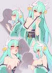  1boy 1girl absurdres breast_sucking dragon_girl dragon_horns fate/grand_order fate_(series) grabbing grabbing_another&#039;s_breast green_hair grey_background groping highres horns japanese_clothes kimono kiss kiyohime_(fate) long_hair long_sleeves looking_at_viewer nipples open_mouth simple_background smile wisespeak yellow_eyes 