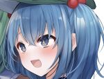  +_+ 1girl :d blue_eyes blue_hair blush close-up crossed_bangs excited eyebrows_hidden_by_hair green_headwear hair_between_eyes hair_bobbles hair_ornament hat karasusou_nano kawashiro_nitori looking_afar open_mouth peaked_cap smile solo touhou two_side_up 