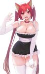  1girl :d animal_ears armpits bare_shoulders black_choker black_dress bow bow_choker bowtie breasts cerberus_(shingeki_no_bahamut) choker cleavage collarbone cowboy_shot dress elbow_gloves fang frilled_dress frills gloves hand_on_own_leg hand_up head_tilt highres large_breasts long_hair looking_at_viewer maid maid_headdress open_mouth pepeo red_bow red_bowtie red_eyes red_hair sash shingeki_no_bahamut short_dress simple_background skindentation smile solo standing straight-on straight_hair swept_bangs teeth thigh_gap thighhighs thighs twintails upper_teeth_only very_long_hair waving white_background white_gloves white_headdress white_sash white_thighhighs wide_hips 