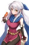  1girl absurdres bangle bare_shoulders belt bird bird_on_hand black_gloves black_pantyhose blush bracelet breasts brown_belt commentary_request dress elbow_gloves fingerless_gloves fire_emblem fire_emblem:_radiant_dawn gloves gonzarez hair_between_eyes highres jewelry large_breasts long_hair looking_at_viewer micaiah_(fire_emblem) pantyhose purple_dress sitting sleeveless sleeveless_dress smile solo thighs very_long_hair white_hair yellow_eyes yune_(fire_emblem) 