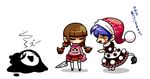  blue_hair blush_stickers braid brown_hair chibi closed_eyes crossover doremy_sweet hat knife madotsuki multiple_girls nightcap peachems_(gemu) pink_shirt pom_pom_(clothes) shirt skirt smile tail tapir_tail touhou translated twin_braids uboa yume_nikki 