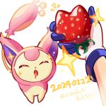  1girl :o arutarika_(ri_kaoekaki) cat_day closed_eyes commentary_request dated drooling fang food fruit gloves highres holding may_(pokemon) mouth_drool notice_lines pokemon pokemon_(creature) pokemon_rse skin_fang skitty sparkle strawberry white_background white_gloves 