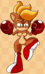 absurd_res anthro bandicoot big_breasts blonde_hair boots boxing_gloves breasts casual_nudity checkered_background cinnamon_the_bandicoot clothing cocky curvy_figure fan_character female footwear green_eyes hair handwear hi_res mammal marsupial mobian_monster narrowed_eyes pattern_background sega simple_background smile solo sonic_the_hedgehog_(series) squint squinted_eyes stripes white_stripes wide_hips