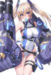  1girl bare_shoulders bikini blonde_hair blue_hair blush breasts candy chest_harness covered_navel food hair_ornament hairclip harness highleg highleg_leotard highres holding holding_candy holding_food holding_lollipop large_breasts leotard lollipop long_hair looking_at_viewer mecha mechanical_arms morros mouth_hold multicolored_hair original robot simple_background solo swimsuit thigh_strap twintails two-tone_bikini two-tone_leotard white_background 