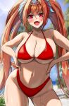  1girl absurdres animal_ears azuki_(azuki_azukki) bikini bikini_skirt blush breasts brown_hair cleavage cloud commentary_request daiwa_scarlet_(umamusume) day fang frilled_bikini frills hair_bobbles hair_intakes hair_ornament hands_on_own_hips highres horse_ears horse_girl horse_tail large_breasts lens_flare long_hair low_twintails navel ocean official_alternate_costume open_mouth outdoors red_bikini red_eyes red_ribbon ribbon skin_fang solo stomach sweat swimsuit tail textless_version twintails umamusume very_long_hair 