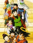  5girls 6+boys android_18 belt black_gloves black_hair blonde_hair brown_belt bulma cape chi-chi_(dragon_ball) colored_skin dragon_ball dragon_ball_z earrings fingerless_gloves gloves green_skin highres jewelry kuririn multiple_boys multiple_girls open_mouth red_cape short_hair smile son_gohan son_goku son_goten trunks_(dragon_ball) v vegeta videl white_cape white_gloves 