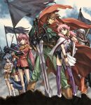  2boys 4girls armor breasts brown_hair commentary_request crossed_arms earrings flag glasses green_hair hat jewelry kentou_kanami kichikuou_rance knight long_hair maria_custard masou_shizuka multiple_boys multiple_girls mutsumi_masato outdoors pink_hair rance rance_(series) shorts sill_plain sky small_breasts smile sword thighhighs weapon wizard_hat 