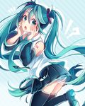  1girl boots detached_sleeves green_eyes green_hair hands_on_own_face hatsune_miku long_hair looking_at_viewer necktie nou open_mouth panties skirt solo striped striped_background striped_panties thigh_boots thighhighs twintails underwear very_long_hair vocaloid 