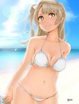  beach bikini bow breasts brown_eyes brown_hair danji_aq day hair_bow highres long_hair looking_at_viewer love_live! love_live!_school_idol_project medium_breasts minami_kotori one_side_up outdoors smile solo stomach swimsuit white_bikini 